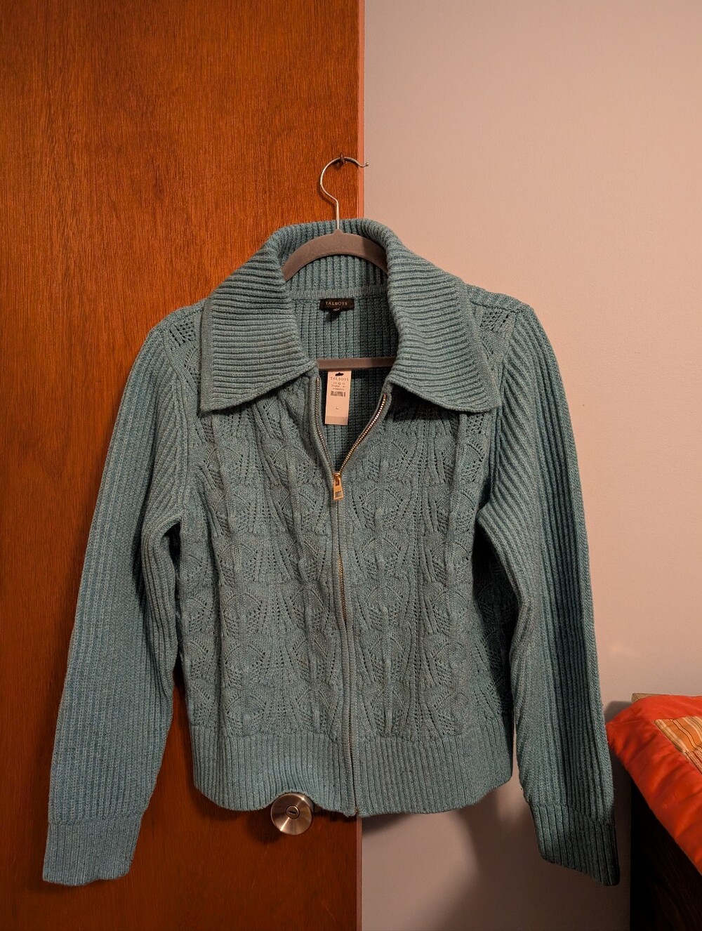 Talbots NWT Teal Full Zip-Front Cable Cardigan Women's Size L Super Soft